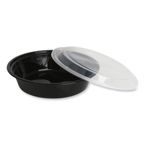 Microwavable Food Container -With Lid, Round, 32 Oz, 7.28 X 7.28 X 2.55, Black/clear, Plastic, 150/carton