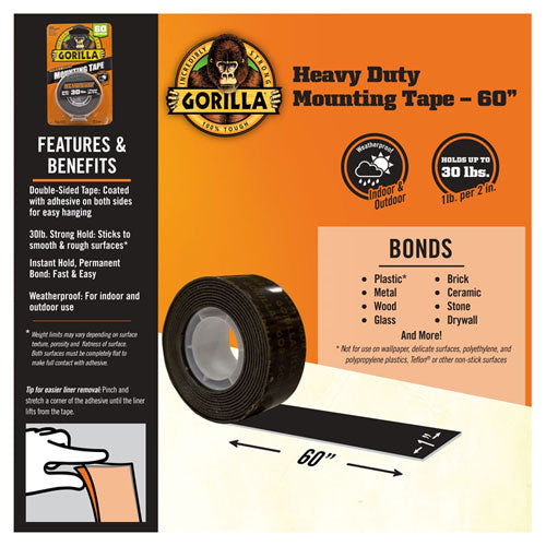 Heavy Duty Mounting Tape, Permanent, Holds Up To 30 Lbs, 1" X 60", Black.