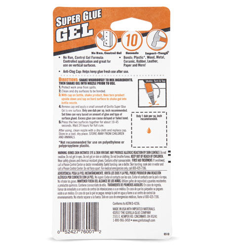 Super Glue Gel, 0.53 Oz, Dries Clear, 4/carton.