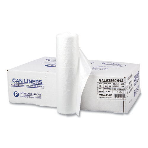 High-density Commercial Can Liner Value Pack, 60 Gal, 12 Mic, 38" X 58", Clear, Interleaved Roll, 25 Bags/roll, 8 Rolls/ct.