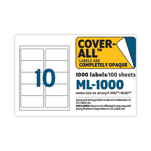 Cover-all Opaque Laser/inkjet Shipping Labels,Inkjet/laser Printers, 2 X 4, White, 10 Labels/sheet, 100 Sheets/box