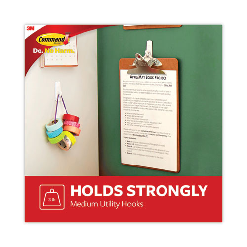 General Purpose Hooks, Medium, Plastic, White, 3 Lb Capacity, 37 Hooks And 48 Strips/pack.