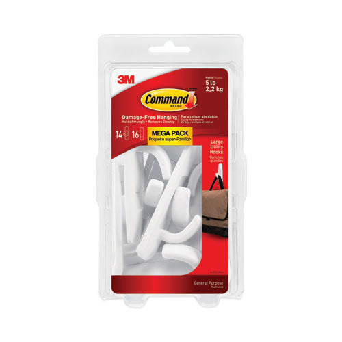 General Purpose Hooks, Large, Plastic, White, 5 Lb Capacity, 14 Hooks And 16 Strips/pack.