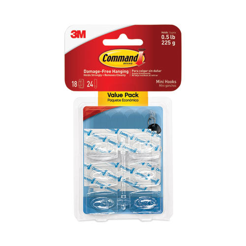 Clear Hooks And Strips, Mini, Plastic, 0.5 Lb Capacity, 18 Hooks And 24 Strips/pack.