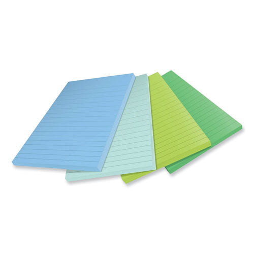 100% Recycled Paper Super Sticky Notes, Ruled, 4" X 6", Oasis, 45 Sheets/pad, 4 Pads/pack.