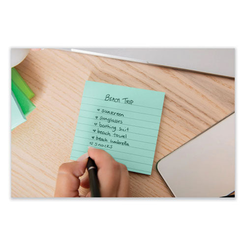 100% Recycled Paper Super Sticky Notes, Ruled, 4" X 4", Oasis, 70 Sheets/pad, 3 Pads/pack.