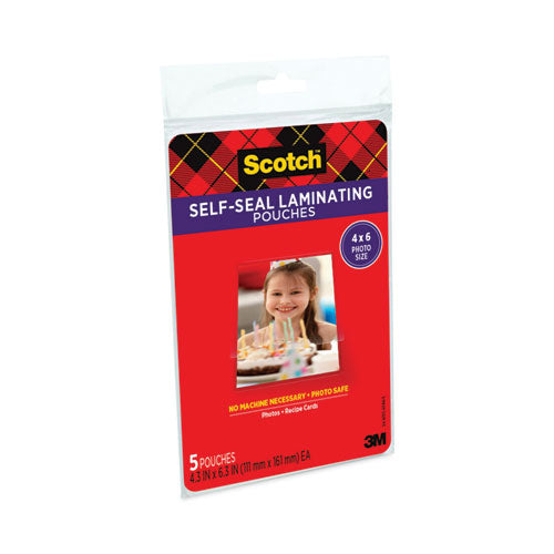 Self-sealing Laminating Pouches, 9.5 Mil, 4.38" X 6.38", Gloss Clear, 5/pack.