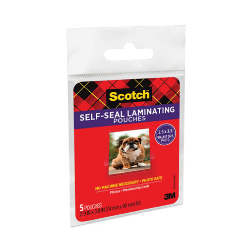 Self-sealing Laminating Pouches, 9.5 Mil, 2.81" X 3.75", Gloss Clear, 5/pack.