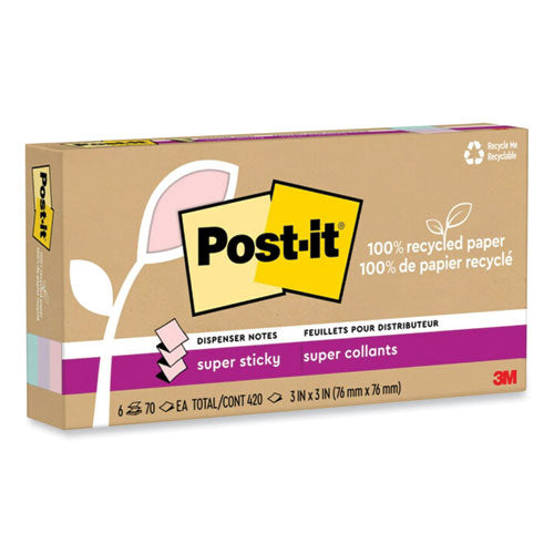 100% Recycled Paper Super Sticky Notes, 3" X 3", Wanderlust Pastels, 70 Sheets/pad, 6 Pads/pack.