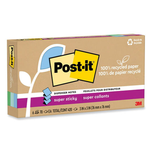 100% Recycled Paper Super Sticky Notes, 3" X 3", Oasis, 70 Sheets/pad, 6 Pads/pack.