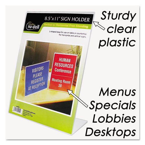 Clear Plastic Slanted L-shaped Countertop Sign Holder, Side-load,Horizontal/vertical Orientation, 8.5 X 11 Insert