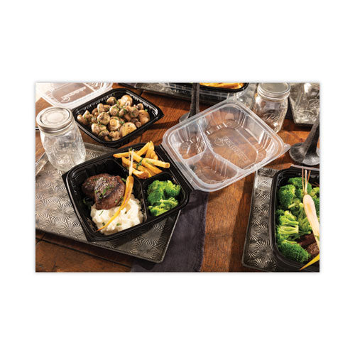 Earthchoice Vented Dual Color Microwavable Hinged Lid Container,3-comp Base/lid, 34 Oz, 10.5x9.5x3, Blk/clr, Plastic, 132/ct