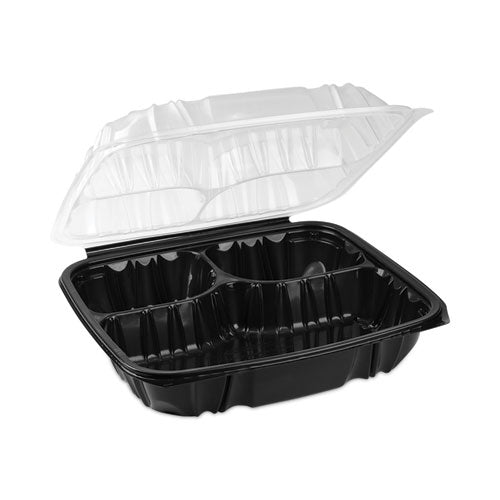 Earthchoice Vented Dual Color Microwavable Hinged Lid Container,3-comp Base/lid, 34 Oz, 10.5x9.5x3, Blk/clr, Plastic, 132/ct