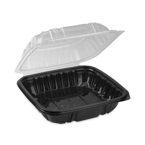 Earthchoice Vented Dual Color Microwavable Hinged Lid Container, 1 -compartment, 38oz, 8.5x8.5x3, Black/clear, Plastic, 150/ct