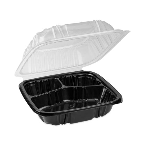 Earthchoice Vented Dual Color Microwavable Hinged Lid Container,3-compartment, 21oz, 8.5x8.5x3, Black/clear, Plastic, 150/ct