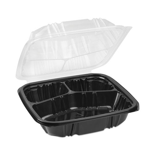 Earthchoice Vented Dual Color Microwavable Hinged Lid Container,33oz, 8.5x8.5x3, 3-compartment, Black/clear, Plastic, 150/ct