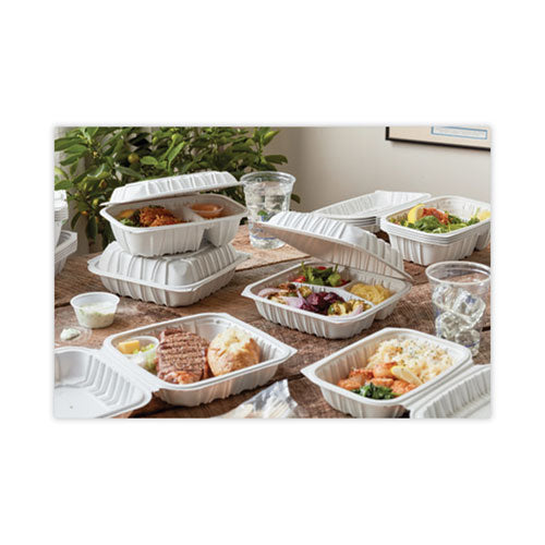 Earthchoice Vented Microwavable Mfpp Hinged Lid Container, 8.5 X 8.5 X 3.1, White, Plastic,146/carton