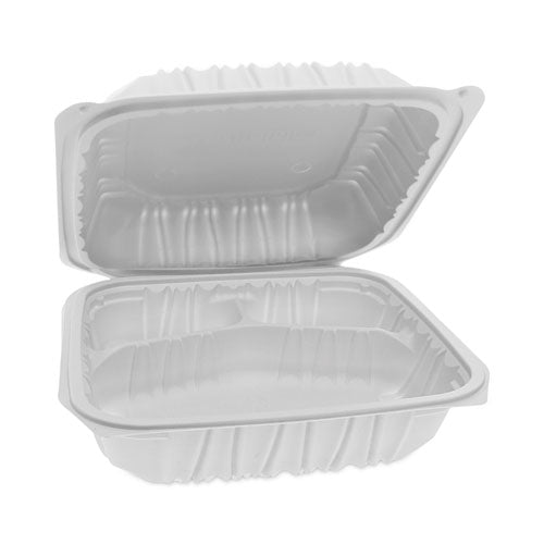 Earthchoice Vented Microwavable Mfpp Hinged Lid Container,3-compartment, 8.5 X 8.5 X 3.1, White, Plastic, 146/carton