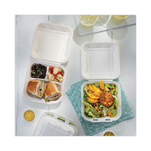 Earthchoice Bagasse Hinged Lid Container,3-compartment, Dual Tab Lock, 7.8 X 7.8 X 2.8, Natural, Sugarcane, 150/carton