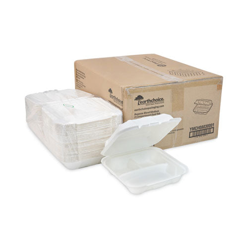 Earthchoice Bagasse Hinged Lid Container,3-compartment, Dual Tab Lock, 7.8 X 7.8 X 2.8, Natural, Sugarcane, 150/carton