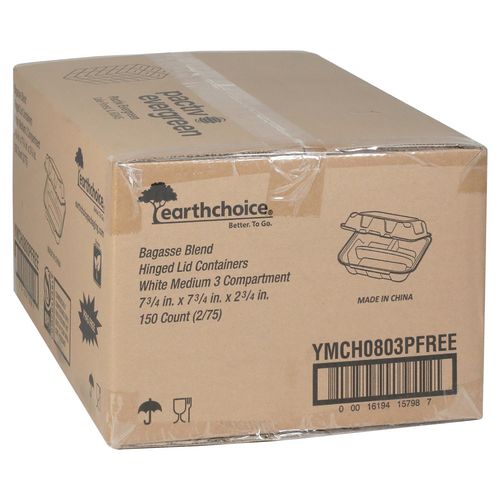 Earthchoice Pfas Free Compostable Hinged Lid Container, 3 Compartments, 8 X 8 X 3, Natural, Sugarcane, 150/carton