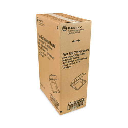 Vented Foam Hinged Lid Container, Dual Tab Lock, 8.42 X 8.15 X 3, White, 150/carton.