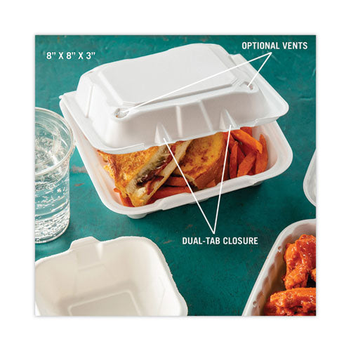 Vented Foam Hinged Lid Container, Dual Tab Lock, 8.42 X 8.15 X 3, White, 150/carton.