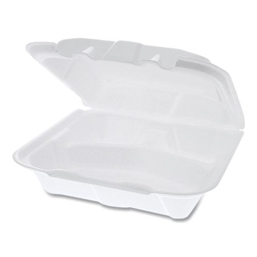 Vented Foam Hinged Lid Container, Dual Tab Lock,3-compartment, 8.42 X 8.15 X 3, White, 150/carton