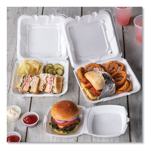 Vented Foam Hinged Lid Container, Dual Tab Lock,3-compartment, 8.42 X 8.15 X 3, White, 150/carton