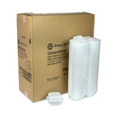 Foam Hinged Lid Container, Single Tab Lock, 5.13 X 5.13 X 2.5, White, 500/carton.