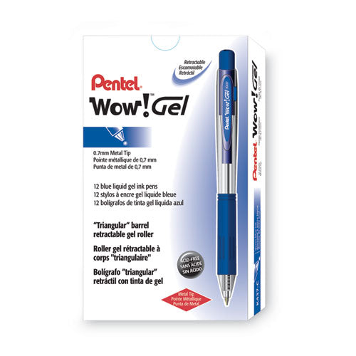 Wow! Gel Pen, Retractable, Medium 0.7 Mm, Blue Ink, Clear/blue Barrel, Dozen.