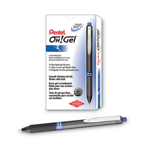 Oh! Gel Pen, Retractable, Medium 0.7 Mm, Blue Ink, Black Barrel, Dozen.