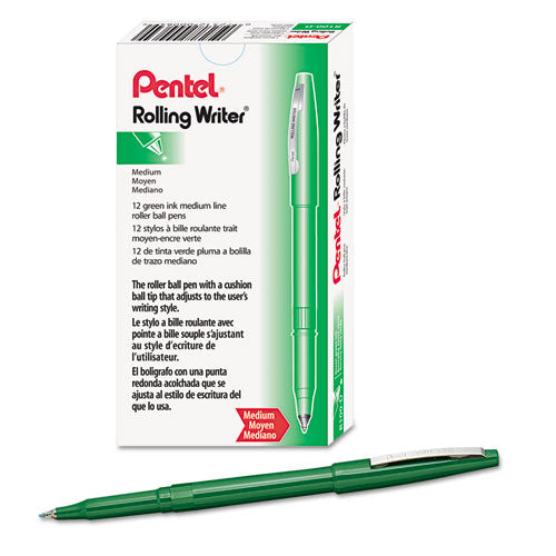 Rolling Writer Roller Ball Pen, Stick, Medium 0.8 Mm, Green Ink, Green Barrel, Dozen.