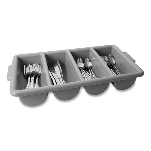 Cutlery Bin, 4 Compartments, Plastic, 11.5 X 21.25 X 3.75, Plastic, Gray.