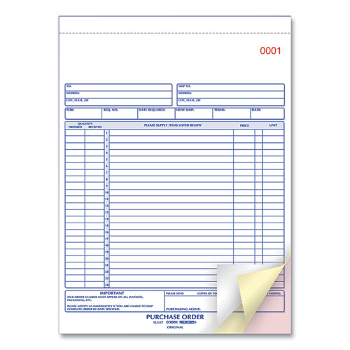 Purchase Order Book, 17 Lines, Three-part Carbonless, 8.5 X 11, 50 Forms Total.