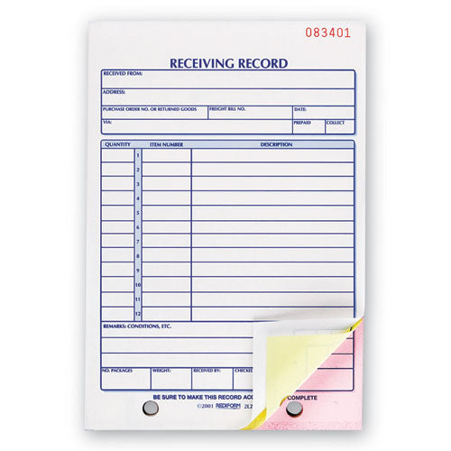 Receiving Record Book, Three-part Carbonless, 5.56 X 7.94, 50 Forms Total.