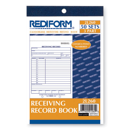 Receiving Record Book, Three-part Carbonless, 5.56 X 7.94, 50 Forms Total.