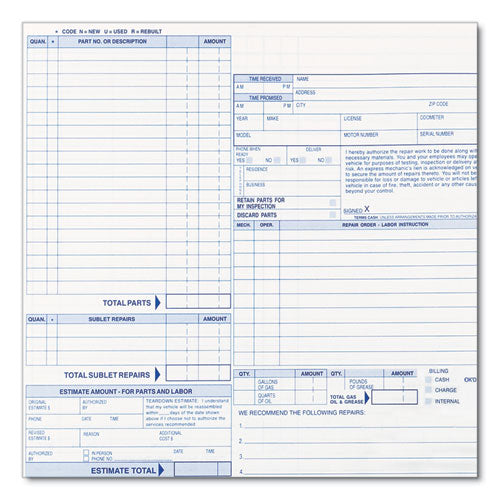 Speediset Four-part Auto Repair Form, Four-part Carbonless, 11 X 8.5, 50 Forms Total.