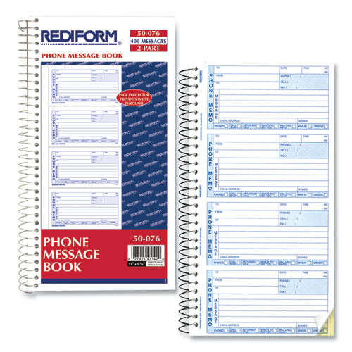 Telephone Message Book, Two-part Carbonless, 5 X 2.75, 4 Forms/sheet, 400 Forms Total.