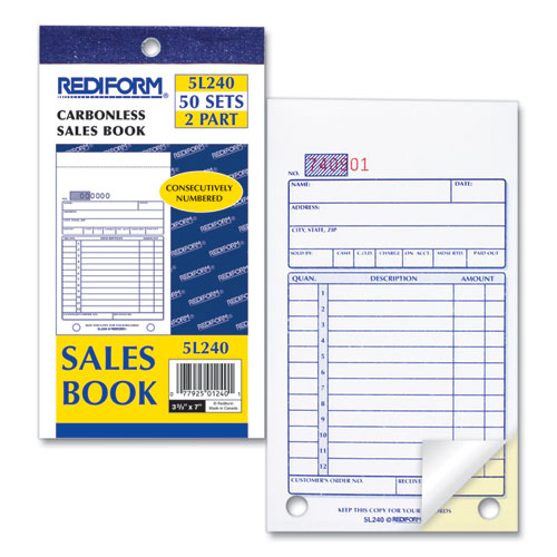 Sales Book, 12 Lines, Two-part Carbonless, 3.63 X 6.38, 50 Forms Total.