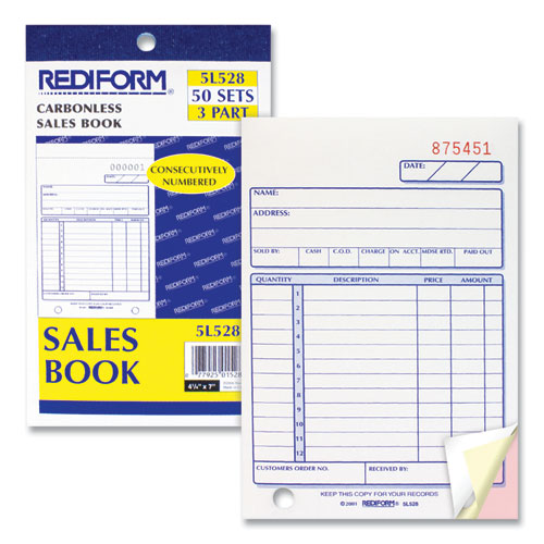 Sales Book, 12 Lines, Three-part Carbonless, 4.25 X 6.38, 50 Forms Total.