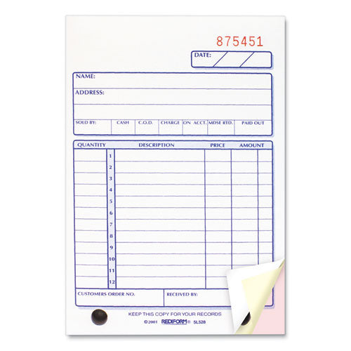 Sales Book, 12 Lines, Three-part Carbonless, 4.25 X 6.38, 50 Forms Total.