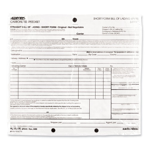 Speediset Bill Of Lading, Short Form, Three-part Carbonless, 7 X 8.5, 50 Forms Total.