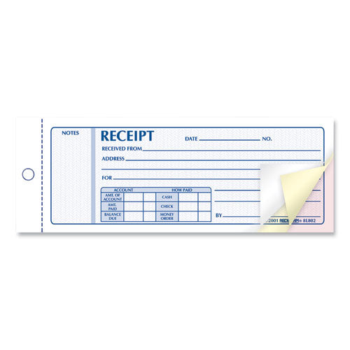 Receipt Book, Three-part Carbonless, 7 X 2.75, 4 Forms/sheet, 50 Forms Total.