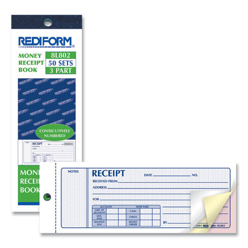 Receipt Book, Three-part Carbonless, 7 X 2.75, 4 Forms/sheet, 50 Forms Total.