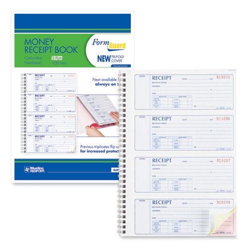 Money Receipt Book, Formguard Cover, Three-part Carbonless, 7 X 2.75, 4 Forms/sheet, 100 Forms Total.