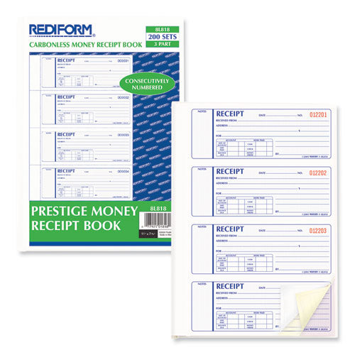 Money Receipt Book, Hardcover, Three-part Carbonless, 7 X 2.75, 4 Forms/sheet, 200 Forms Total.