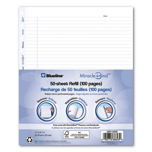 Miraclebind Ruled Paper Refill Sheets For All Miraclebind Notebooks And Planners, 11 X 9.06, White/blue Sheets, Undated.