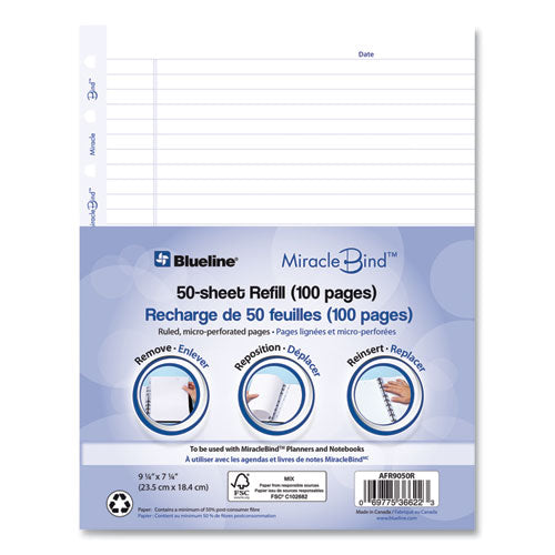 Miraclebind Ruled Paper Refill Sheets For All Miraclebind Notebooks And Planners,9.25 X 7.25, White/blue Sheets, Undated