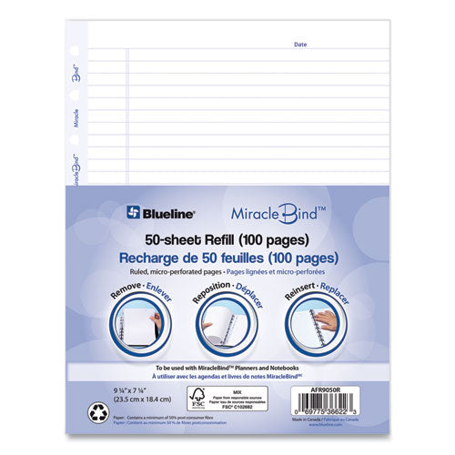 Miraclebind Ruled Paper Refill Sheets For All Miraclebind Notebooks And Planners,9.25 X 7.25, White/blue Sheets, Undated